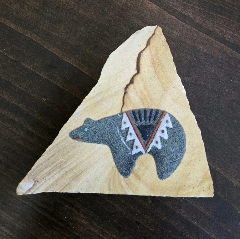 Navajo Native American Sand Art Painting Bear SANDSTONE Judy Lewis Signed
